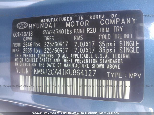 KM8J2CA41KU864127 - 2019 HYUNDAI TUCSON SE BLUE photo 9