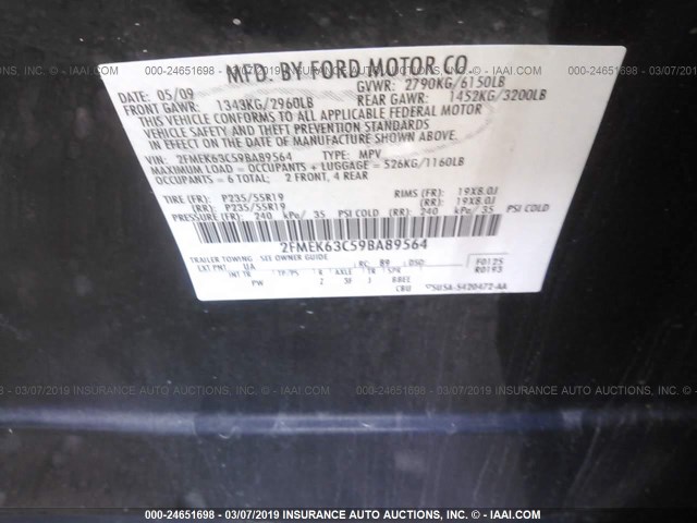 2FMEK63C59BA89564 - 2009 FORD FLEX LIMITED BLACK photo 9