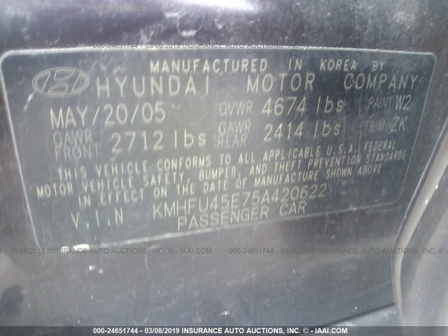 KMHFU45E75A420622 - 2005 HYUNDAI XG 350 PURPLE photo 9