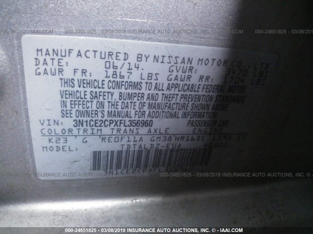 3N1CE2CPXFL356960 - 2015 NISSAN VERSA NOTE S/S PLUS/SV/SL/SR SILVER photo 9