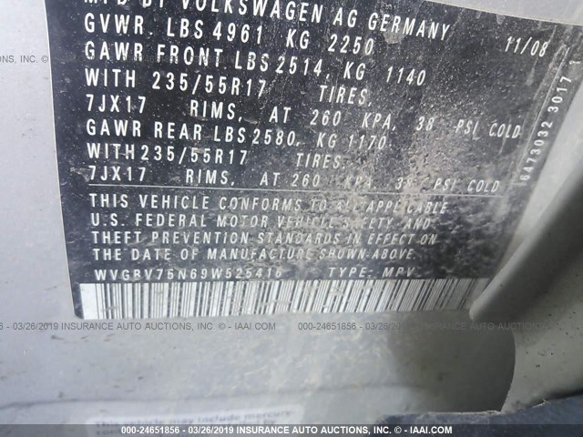 WVGBV75N69W525416 - 2009 VOLKSWAGEN TIGUAN SE/SEL BLACK photo 9