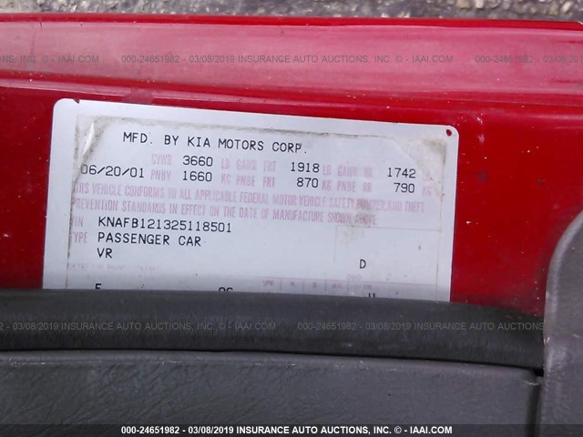 KNAFB121325118501 - 2002 KIA SPECTRA LS RED photo 9