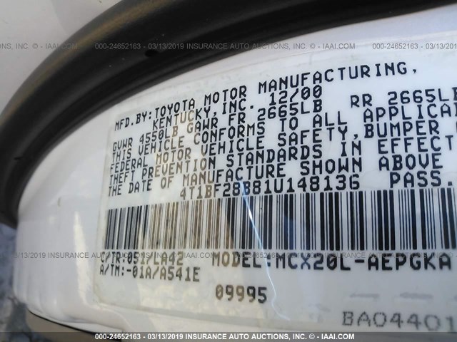 4T1BF28B81U148136 - 2001 TOYOTA AVALON XL/XLS WHITE photo 9