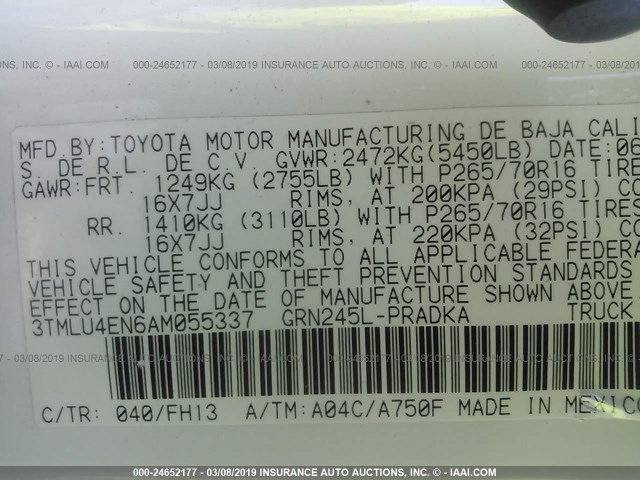 3TMLU4EN6AM055337 - 2010 TOYOTA TACOMA DOUBLE CAB 白色 照片 9