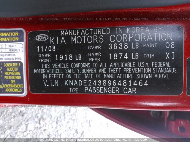 KNADE243896481464 - 2009 KIA RIO 5 SX RED photo 9