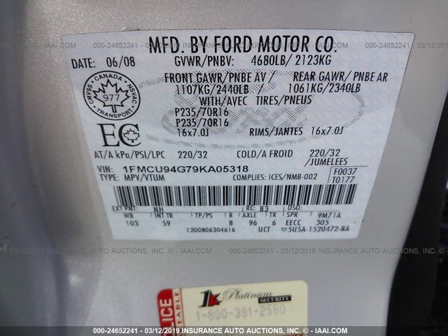 1FMCU94G79KA05318 - 2009 FORD ESCAPE LIMITED CREAM photo 9