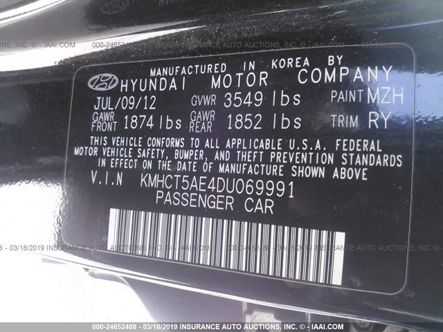 KMHCT5AE4DU069991 - 2013 HYUNDAI ACCENT GLS/GS BLACK photo 9