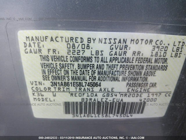 3N1AB61E58L745064 - 2008 NISSAN SENTRA 2.0/2.0S/2.0SL GRAY photo 9