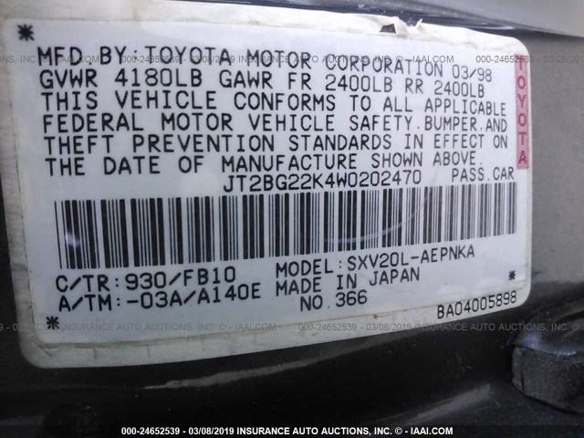 JT2BG22K4W0202470 - 1998 TOYOTA CAMRY CE/LE/XLE 灰色 照片 9