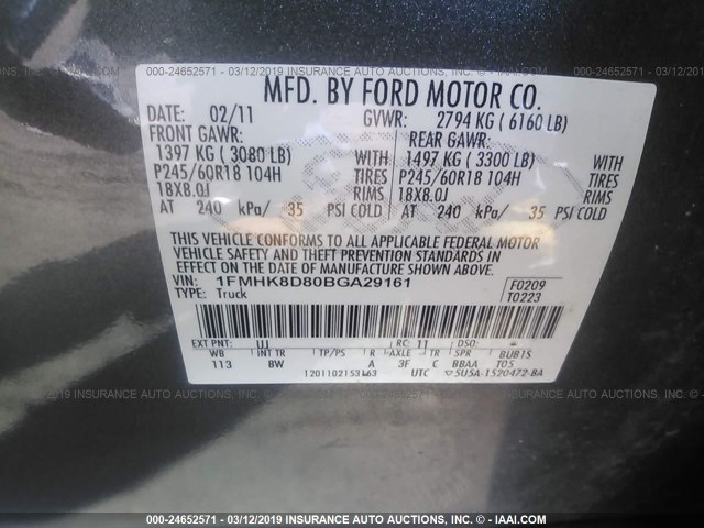 1FMHK8D80BGA29161 - 2011 FORD EXPLORER XLT GRAY photo 9