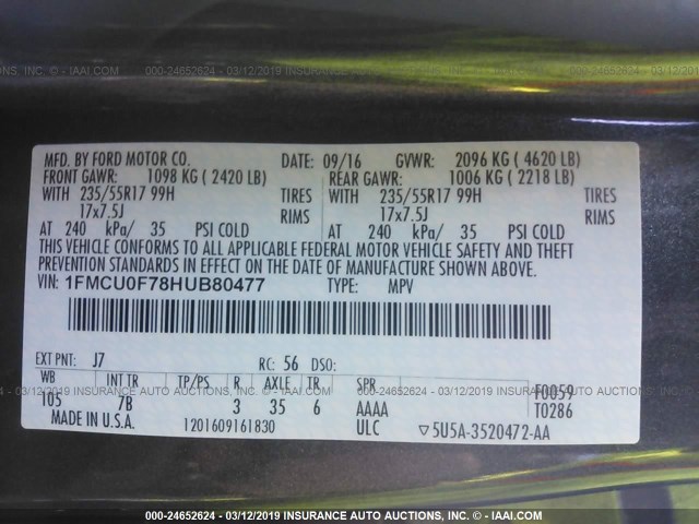 1FMCU0F78HUB80477 - 2017 FORD ESCAPE S GRAY photo 9