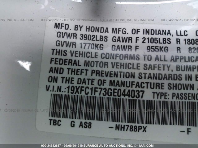 19XFC1F73GE044037 - 2016 HONDA CIVIC EXL WHITE photo 9