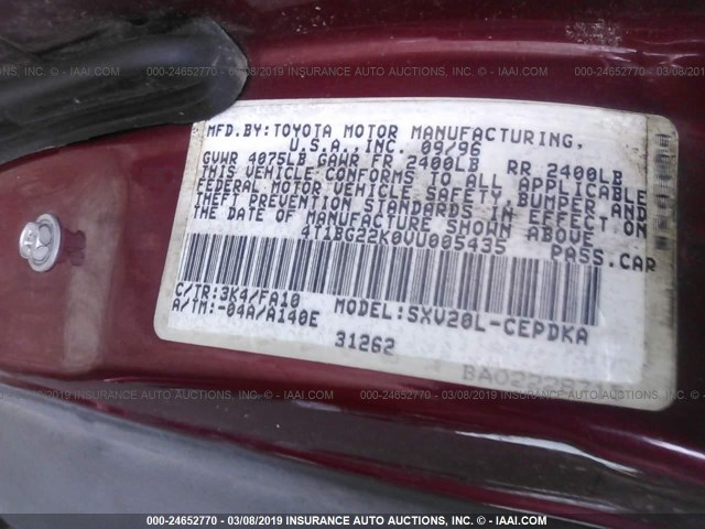 4T1BG22K0VU005435 - 1997 TOYOTA CAMRY CE/LE/XLE 栗色 照片 9