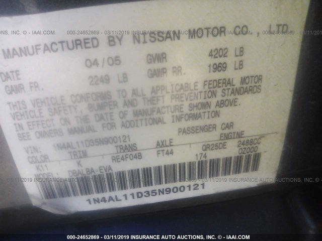 1N4AL11D35N900121 - 2005 NISSAN ALTIMA S/SL GRAY photo 9