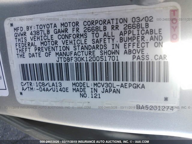 JTDBF30K120051701 - 2002 TOYOTA CAMRY LE/XLE/SE SILVER photo 9