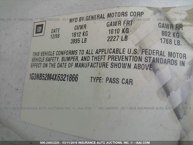 1G3NB52M4X6321866 - 1999 OLDSMOBILE CUTLASS GL WHITE photo 9