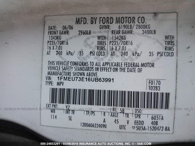 1FMEU73E16UB63991 - 2006 FORD EXPLORER XLT WHITE photo 9