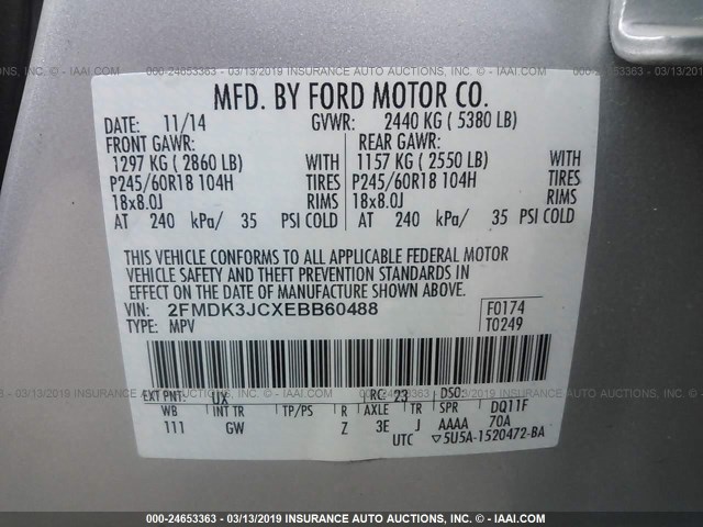 2FMDK3JCXEBB60488 - 2014 FORD EDGE SEL SILVER photo 9