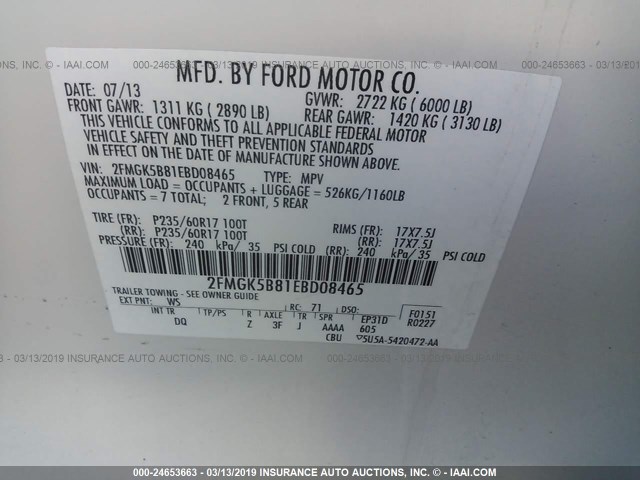 2FMGK5B81EBD08465 - 2014 FORD FLEX SE WHITE photo 9