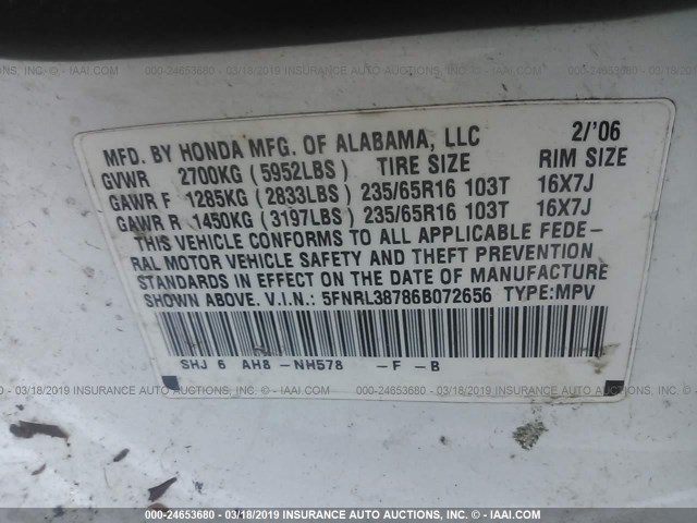 5FNRL38786B072656 - 2006 HONDA ODYSSEY EXL WHITE photo 9