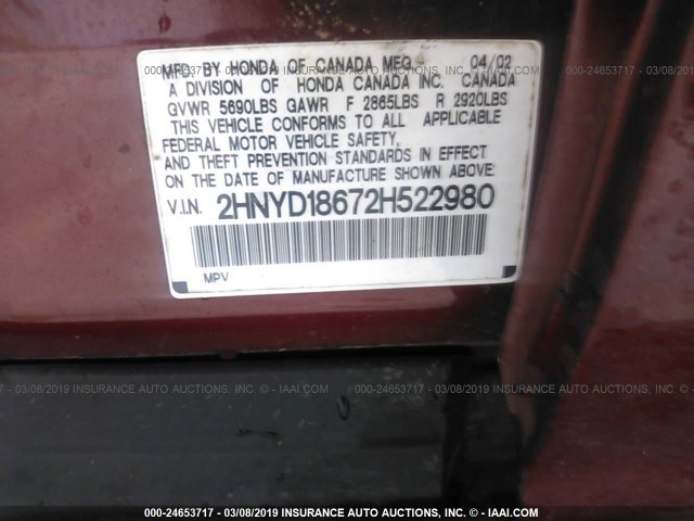 2HNYD18672H522980 - 2002 ACURA MDX TOURING RED photo 9