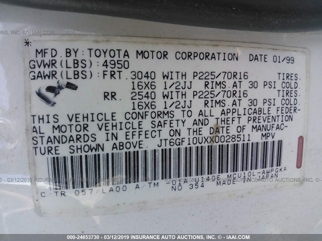 JT6GF10UXX0028511 - 1999 LEXUS RX 300 WHITE photo 9