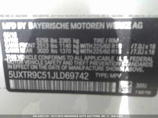 5UXTR9C51JLD69742 - 2018 BMW X3 XDRIVEM40I WHITE photo 9
