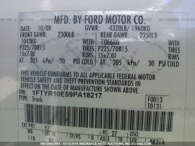 1FTYR10E59PA18217 - 2009 FORD RANGER WHITE photo 9