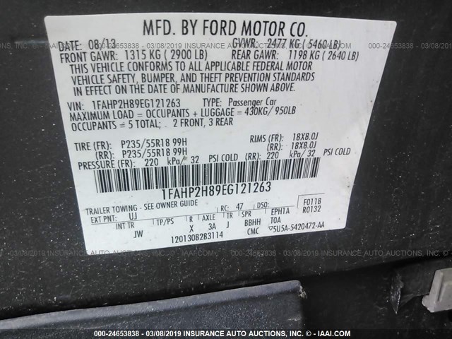 1FAHP2H89EG121263 - 2014 FORD TAURUS SEL GRAY photo 9