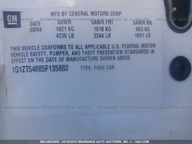 1G1ZT54885F135882 - 2005 CHEVROLET MALIBU LS WHITE photo 9