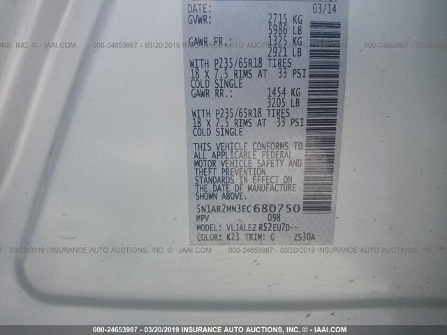 5N1AR2MN3EC680750 - 2014 NISSAN PATHFINDER S/SV/SL/PLATINUM SILVER photo 9