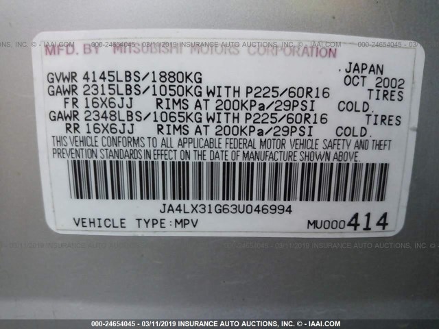 JA4LX31G63U046994 - 2003 MITSUBISHI OUTLANDER LS SILVER photo 9