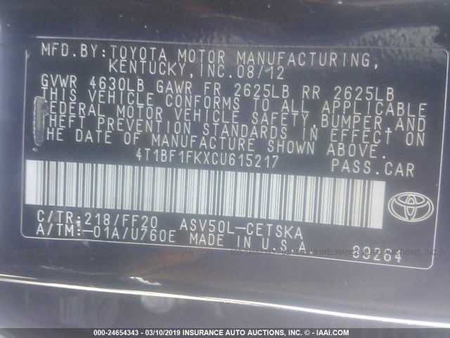 4T1BF1FKXCU615217 - 2012 TOYOTA CAMRY SE/LE/XLE BLACK photo 9