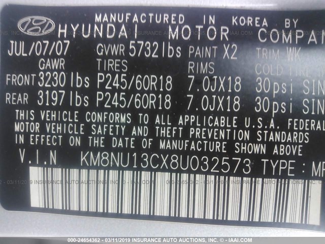 KM8NU13CX8U032573 - 2008 HYUNDAI VERACRUZ GLS/SE/LIMITED SILVER photo 9