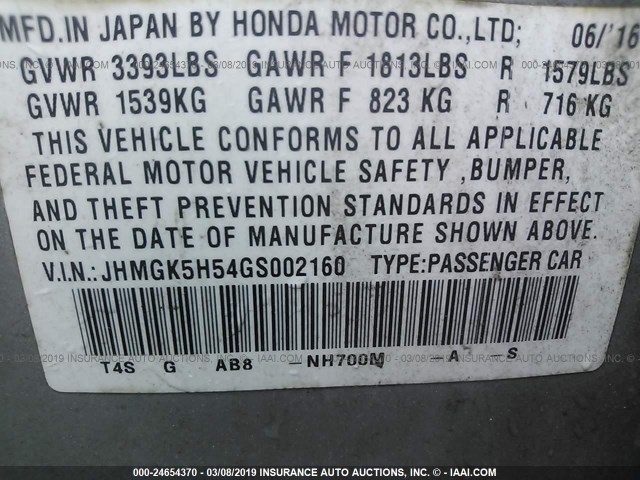 JHMGK5H54GS002160 - 2016 HONDA FIT LX SILVER photo 9