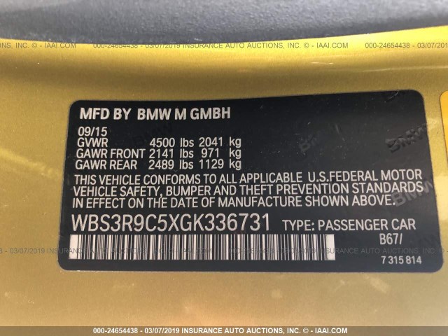 WBS3R9C5XGK336731 - 2016 BMW M4 YELLOW photo 9