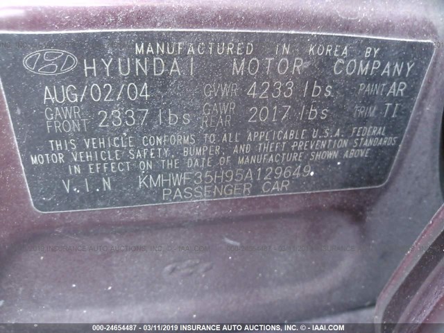 KMHWF35H95A129649 - 2005 HYUNDAI SONATA GLS/LX MAROON photo 9