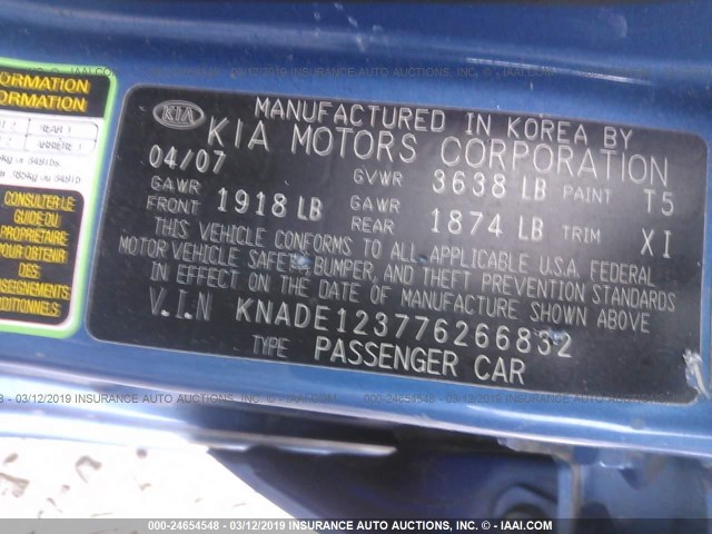 KNADE123776266832 - 2007 KIA RIO LX/SX BLUE photo 9