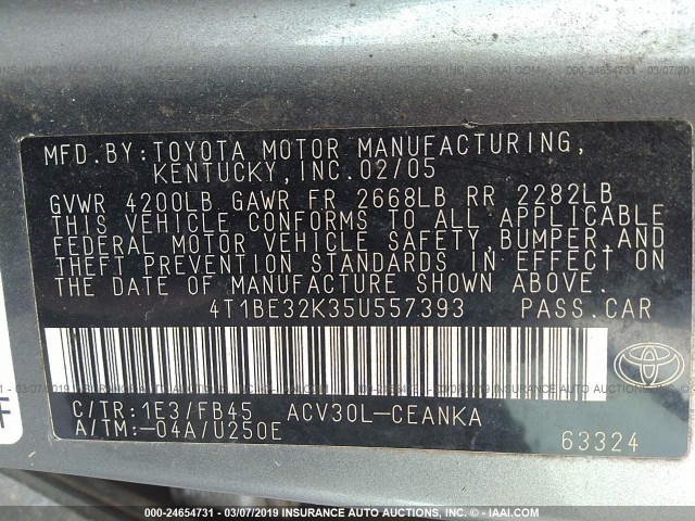 4T1BE32K35U557393 - 2005 TOYOTA CAMRY LE/XLE/SE GRAY photo 9