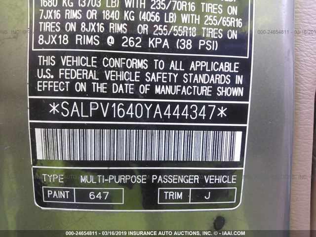 SALPV1640YA444347 - 2000 LAND ROVER RANGE ROVER 4.6 HSE LONG WHEELBASE GREEN photo 9