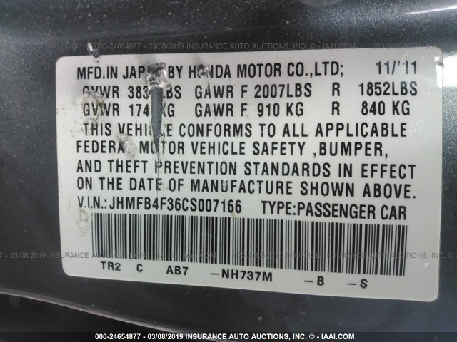 JHMFB4F36CS007166 - 2012 HONDA CIVIC HYBRID L GRAY photo 9