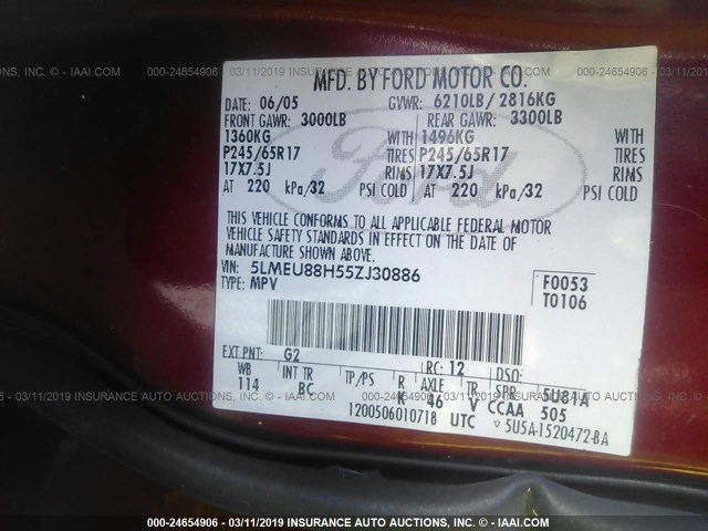 5LMEU88H55ZJ30886 - 2005 LINCOLN AVIATOR 红色 照片 9