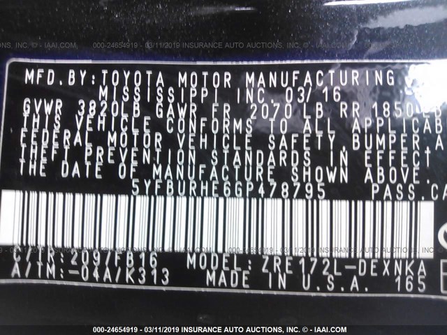 5YFBURHE6GP478795 - 2016 TOYOTA COROLLA L/LE/LE PLS/PRM/S/S PLS BLACK photo 9