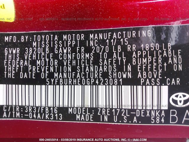 5YFBURHE0GP423081 - 2016 TOYOTA COROLLA L/LE/LE PLS/PRM/S/S PLS RED photo 9