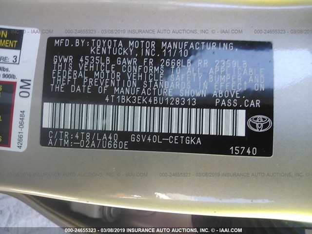 4T1BK3EK4BU128313 - 2011 TOYOTA CAMRY SE/LE/XLE 金色 照片 9