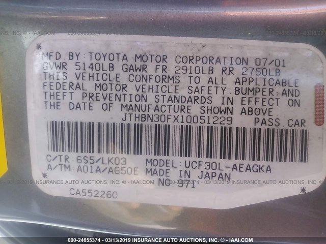 JTHBN30FX10051229 - 2001 LEXUS LS SILVER photo 9