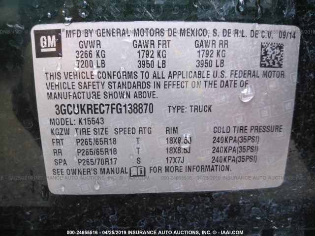 3GCUKREC7FG138870 - 2015 CHEVROLET SILVERADO K1500 LT GREEN photo 9