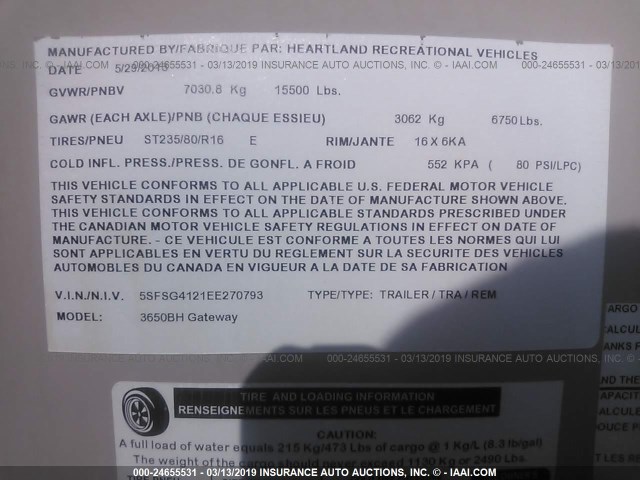 5SFSG4121EE270793 - 2014 HEARTLAND GATEWAY  棕色 照片 9