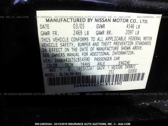 1N4BA41E75C854390 - 2005 NISSAN MAXIMA SE/SL BLACK photo 9