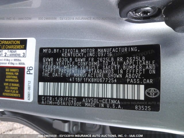 4T1BF1FK8HU677254 - 2017 TOYOTA CAMRY LE/XLE/SE/XSE SILVER photo 9